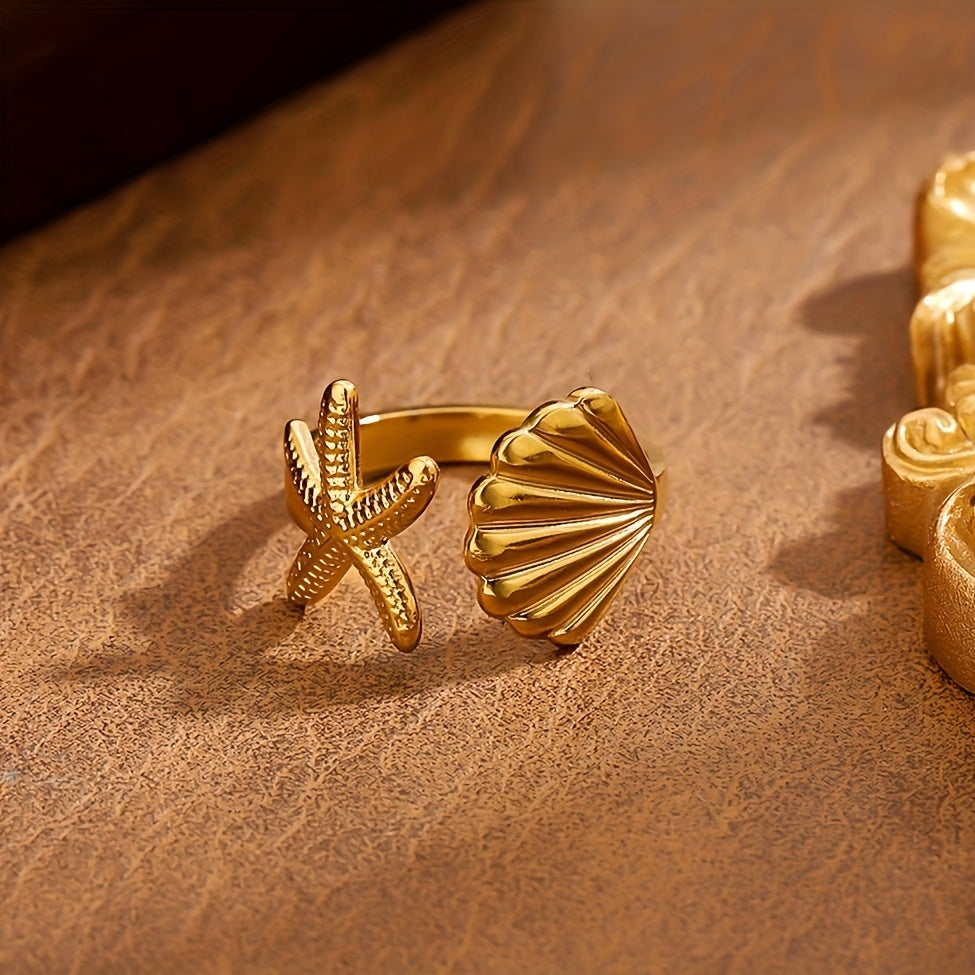Gold Tone Starfish & Shell Open Ring for Women