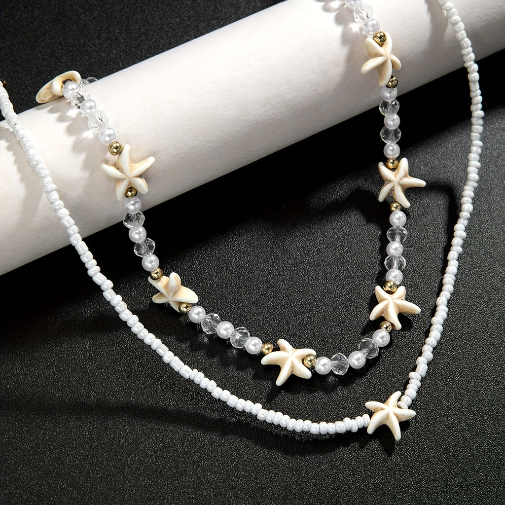 White Beaded Layered Choker with Starfish Charms