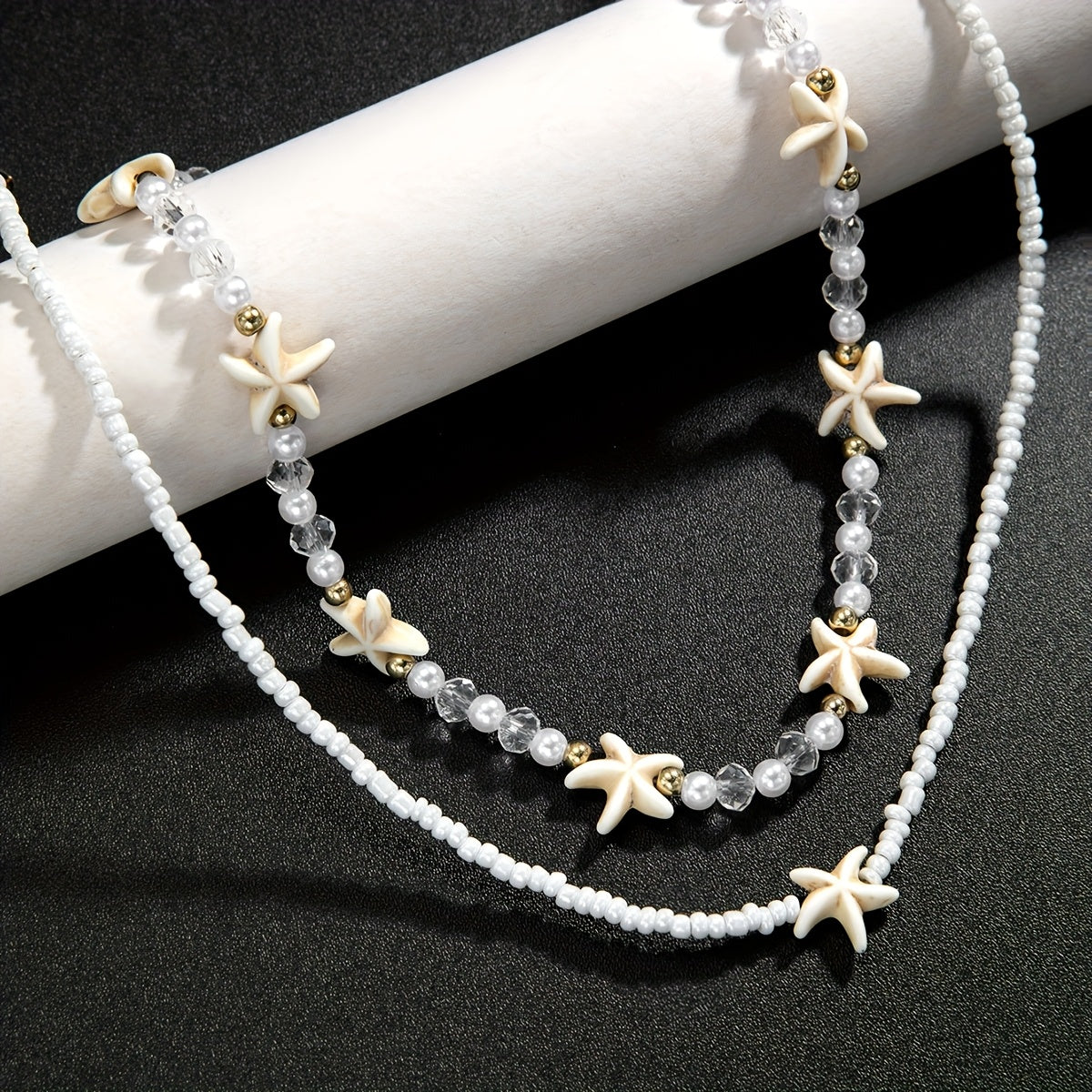 White Beaded Layered Choker with Starfish Charms