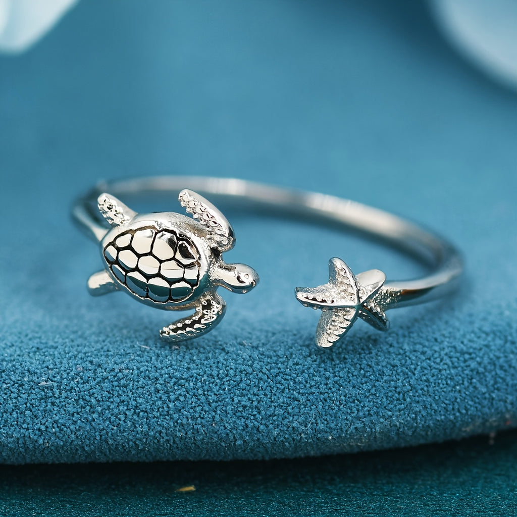 Adjustable Sea Turtle and Starfish Silver Ring