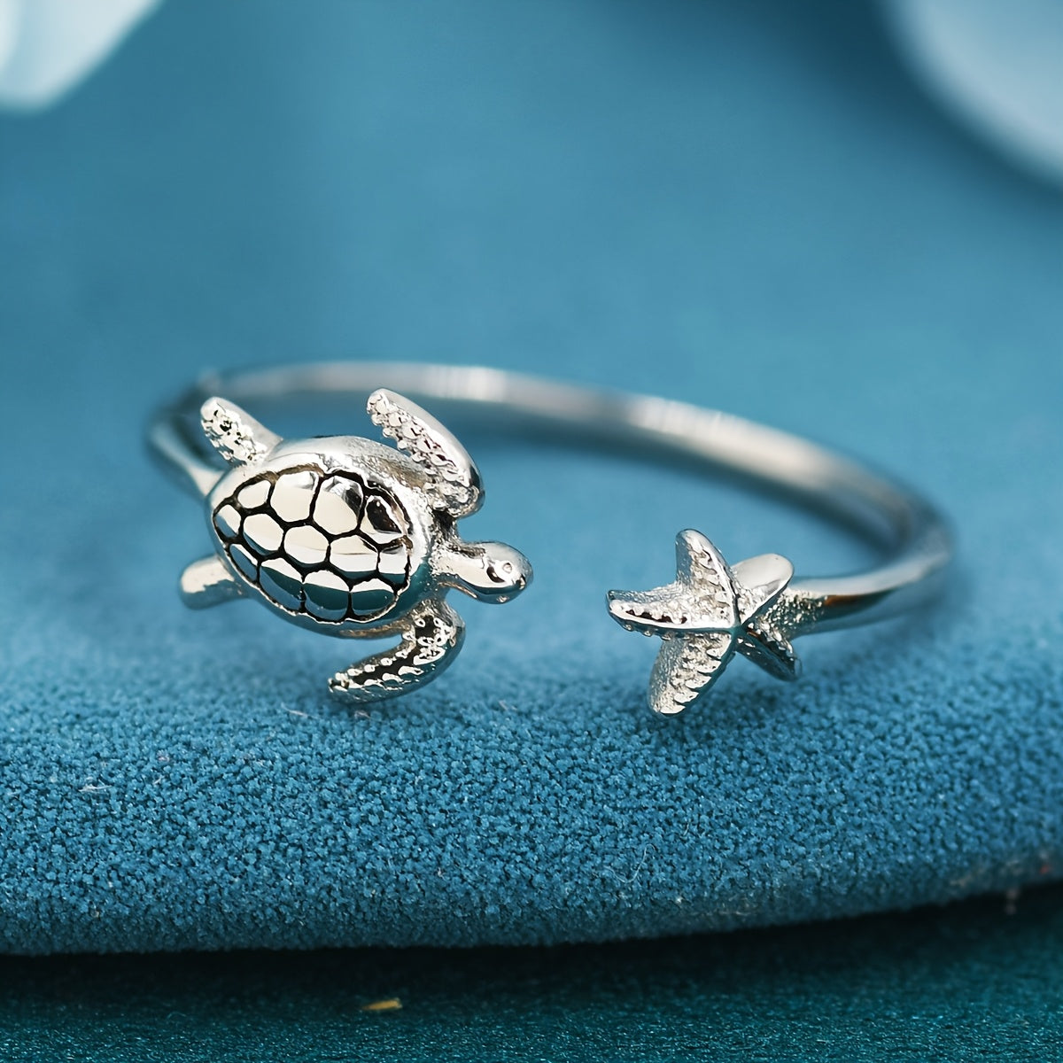 Adjustable Sea Turtle and Starfish Silver Ring