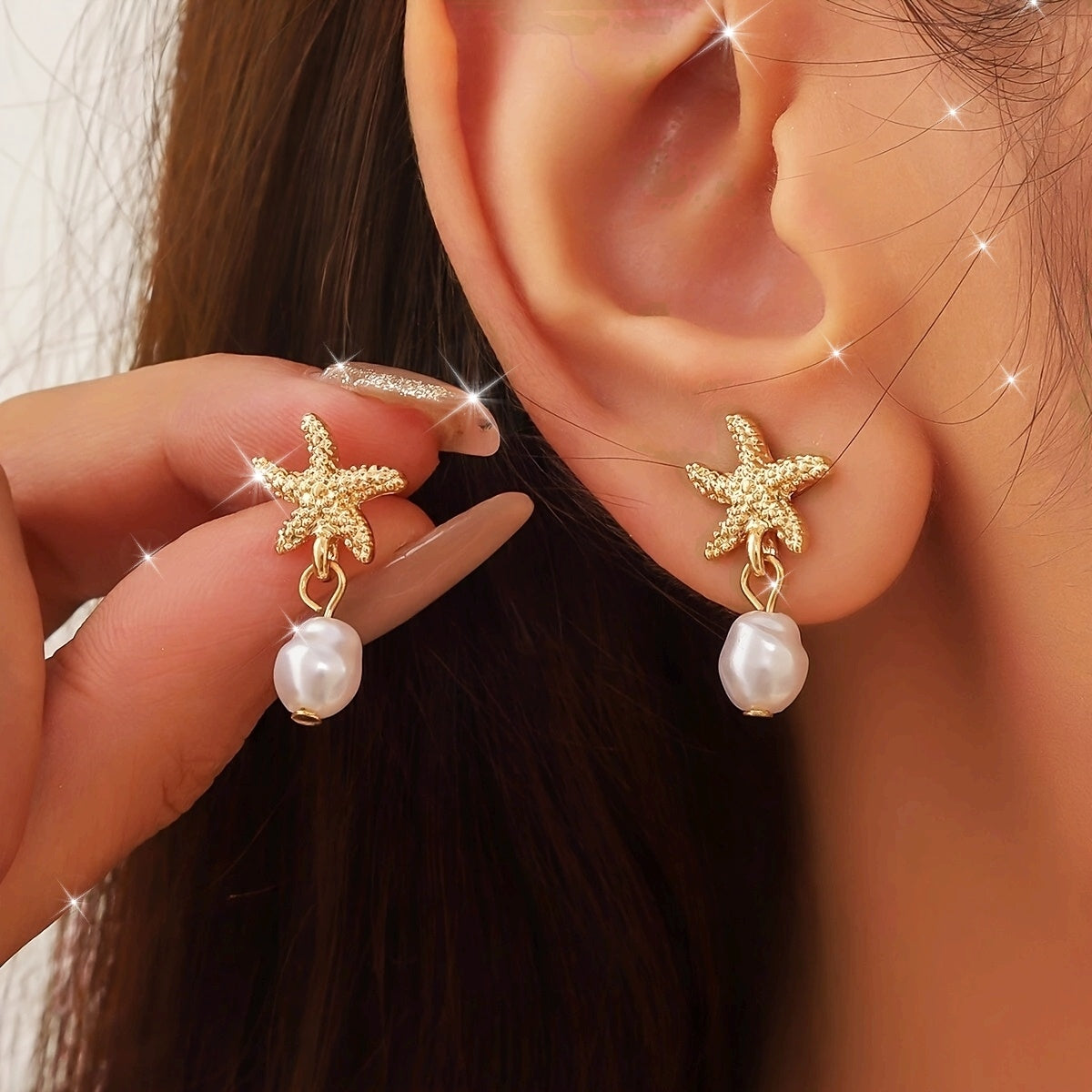 Gold Starfish Pearl Drop Dangle Earrings