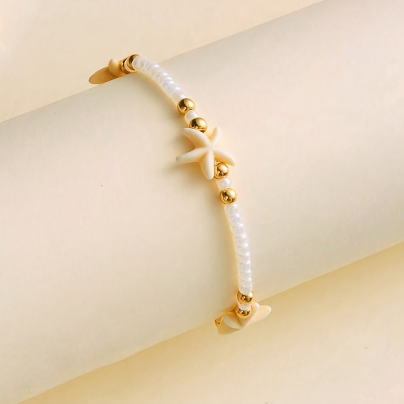 Adjustable White Bead Starfish Charm Gold Bracelet