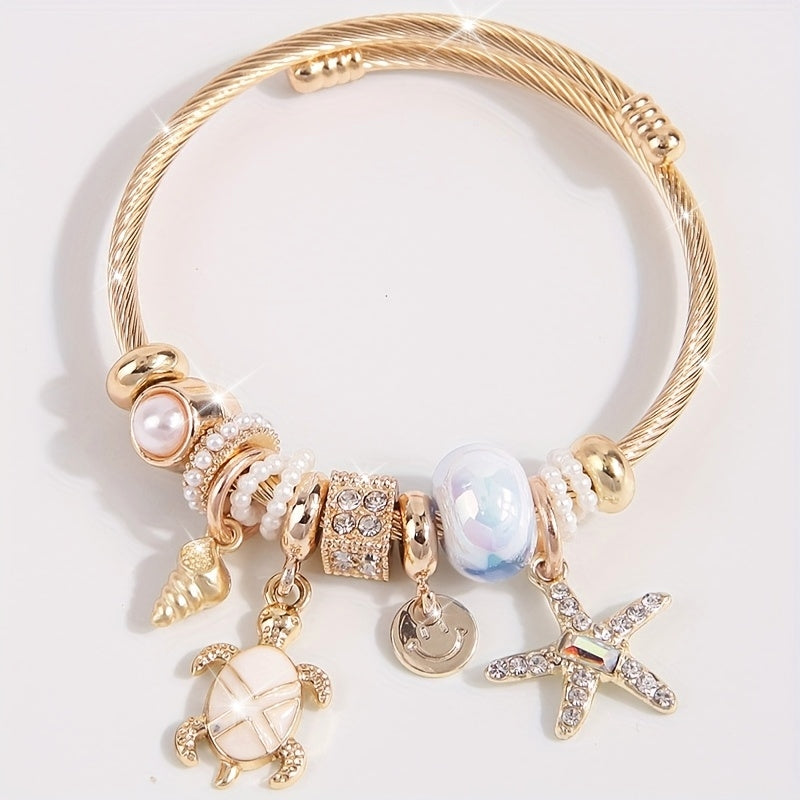 Gold-Tone Sea Charm Bangle Bracelet with Pearls