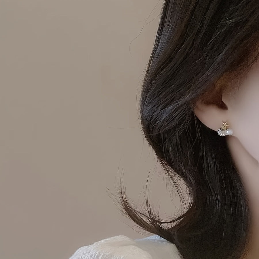 Asymmetric Starfish Shell Earrings with Pearl & CZ