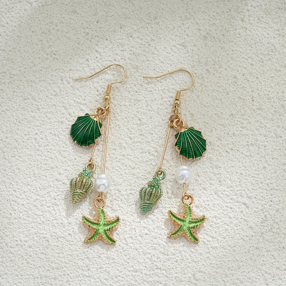 Gold-Tone Enamel Shell Starfish Pearl Drop Earrings
