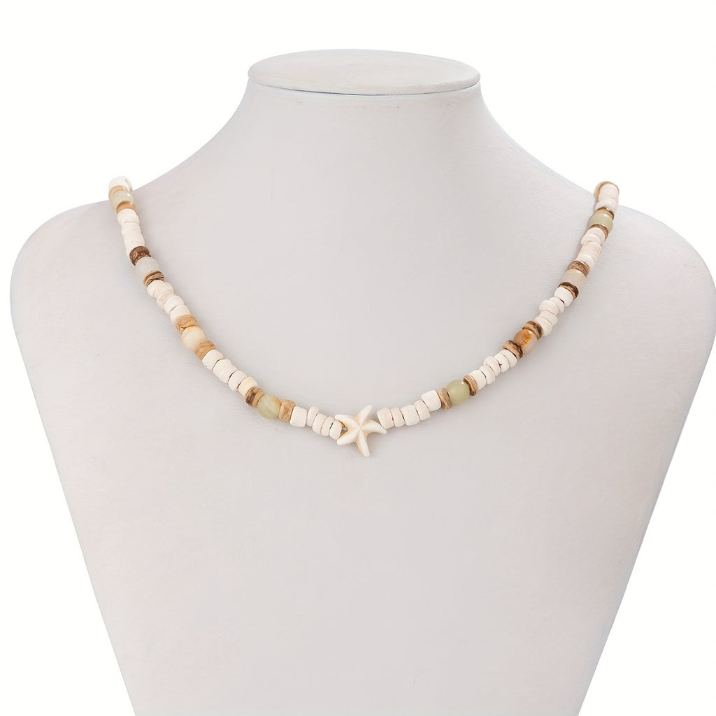White Shell Starfish Choker with Stone Beads