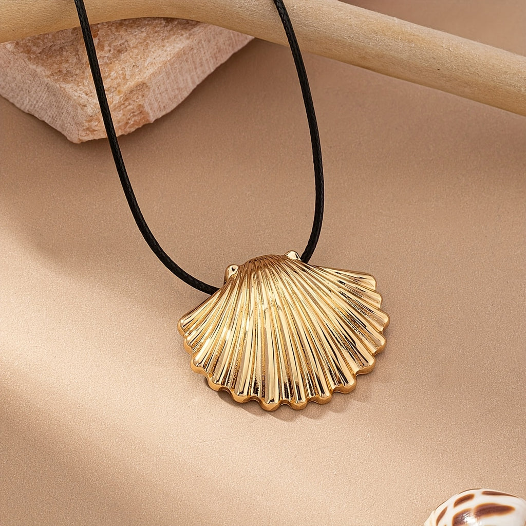 Golden Scallop Shell Necklace with Black Cord