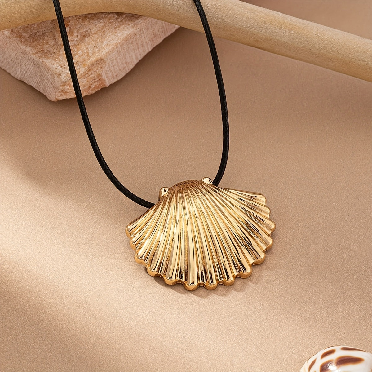 Golden Scallop Shell Necklace with Black Cord