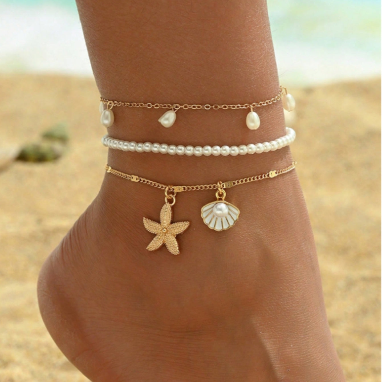 Bohemian Layered Anklets with Pearl & Sea Charms