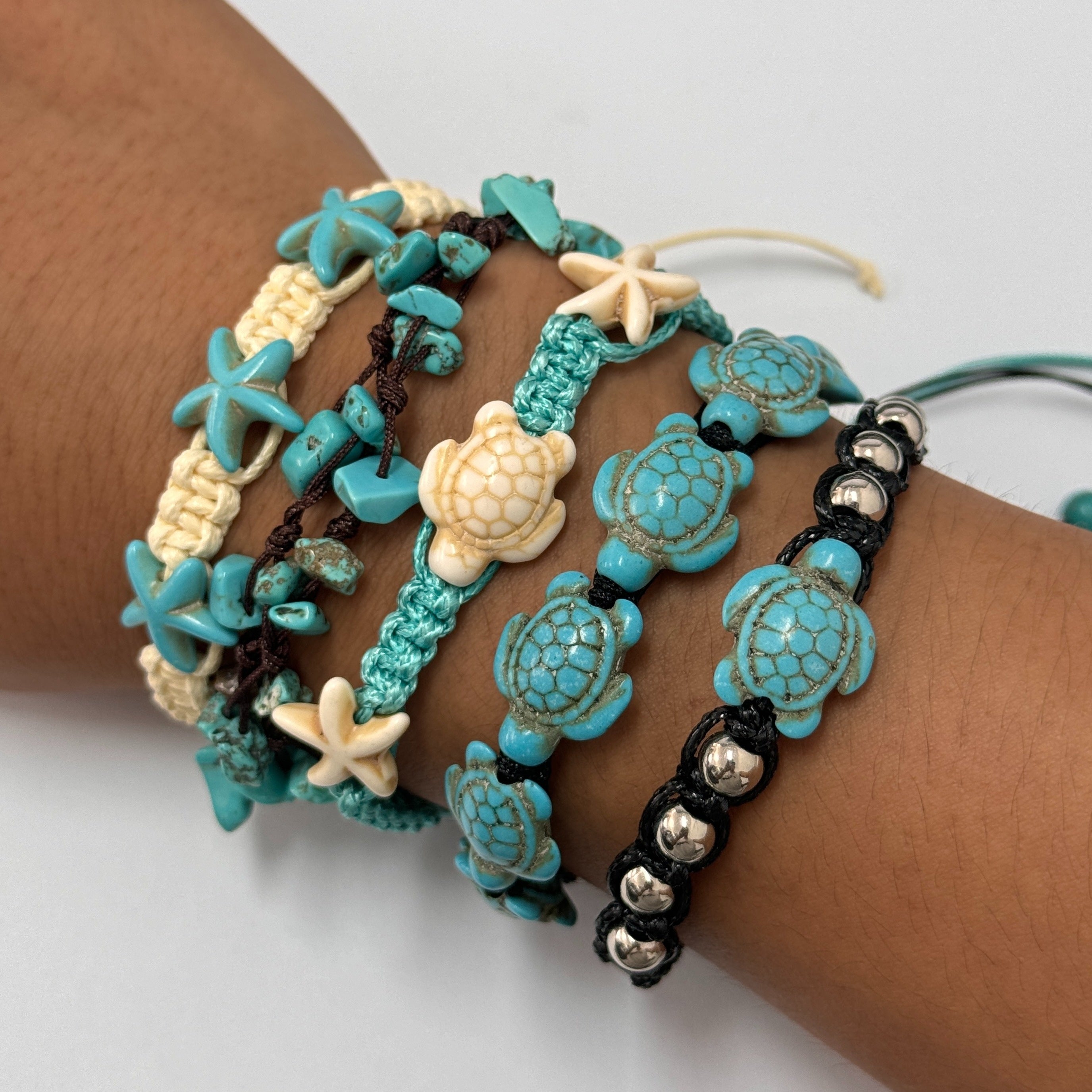 Turquoise Turtle & Starfish Beaded Bracelets Set