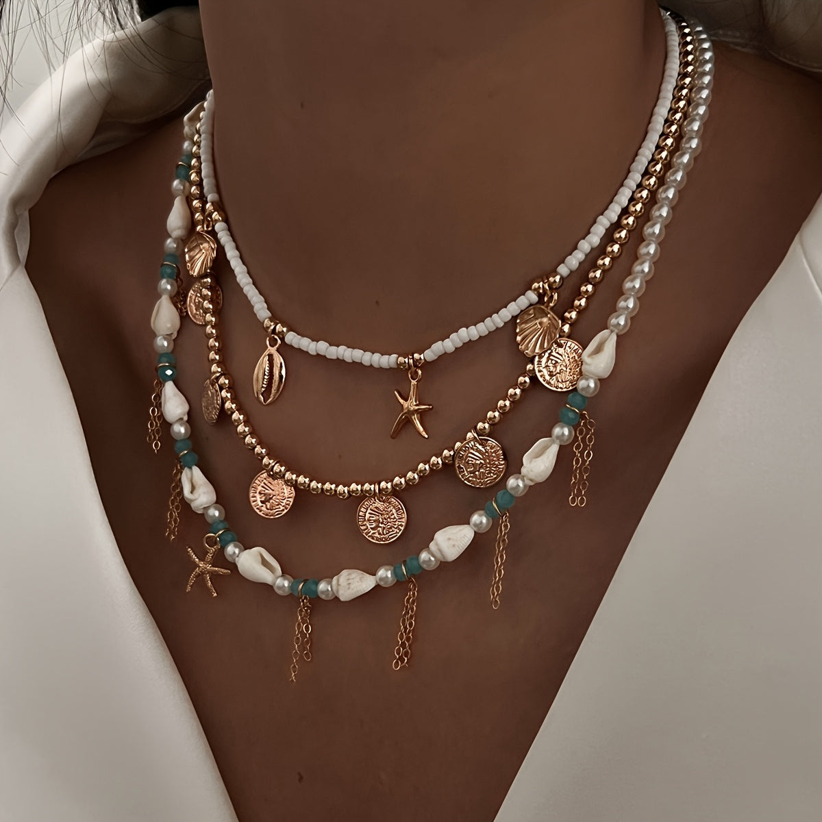Bohemian Layered Necklace with Shell & Starfish Charms