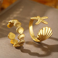 Gold Adjustable Starfish and Shell Ring Set