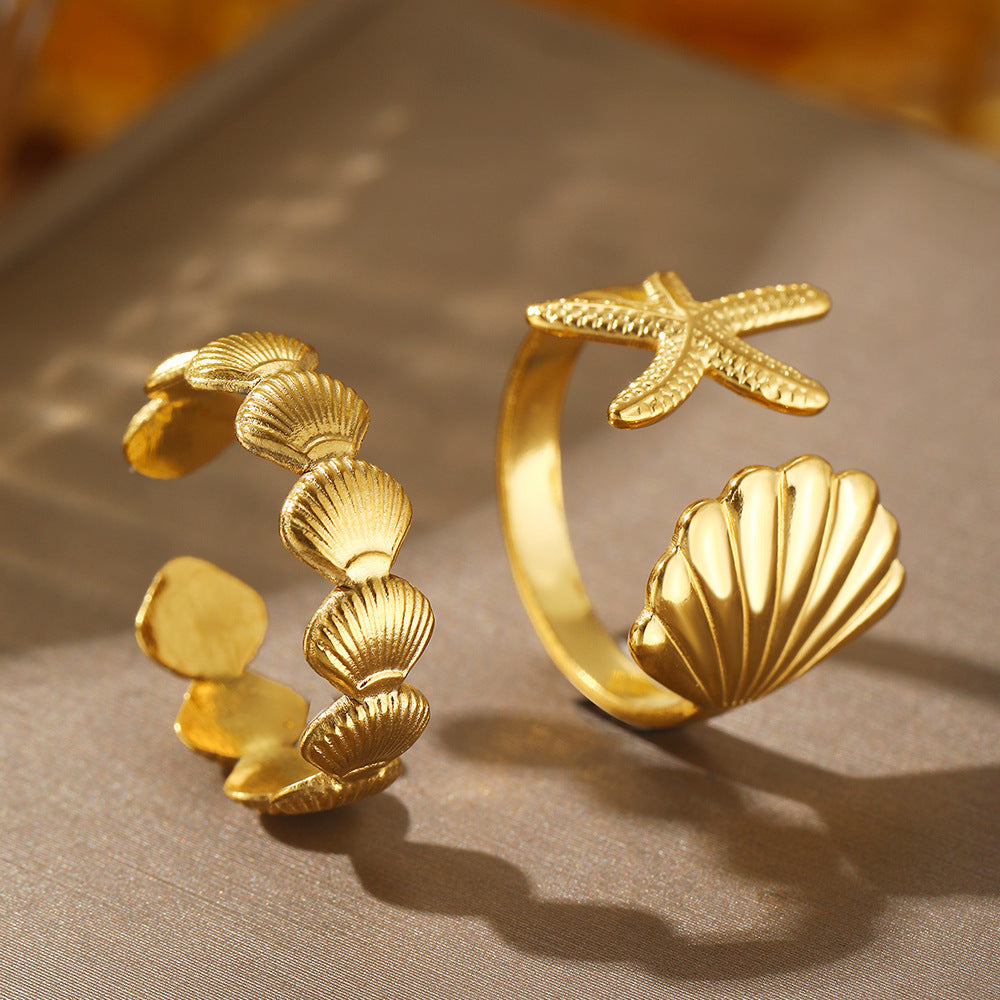 Gold Adjustable Starfish and Shell Ring Set