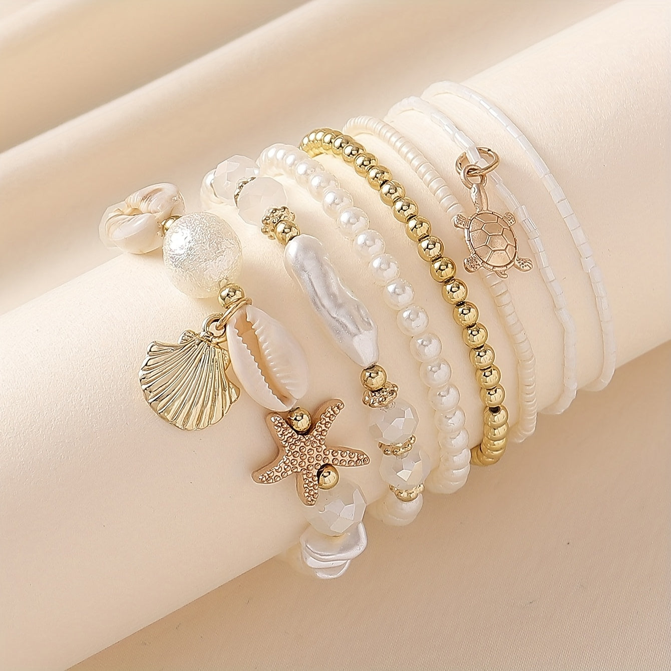 Boho White Pearl & Gold Sea Charm Stacked Bracelets