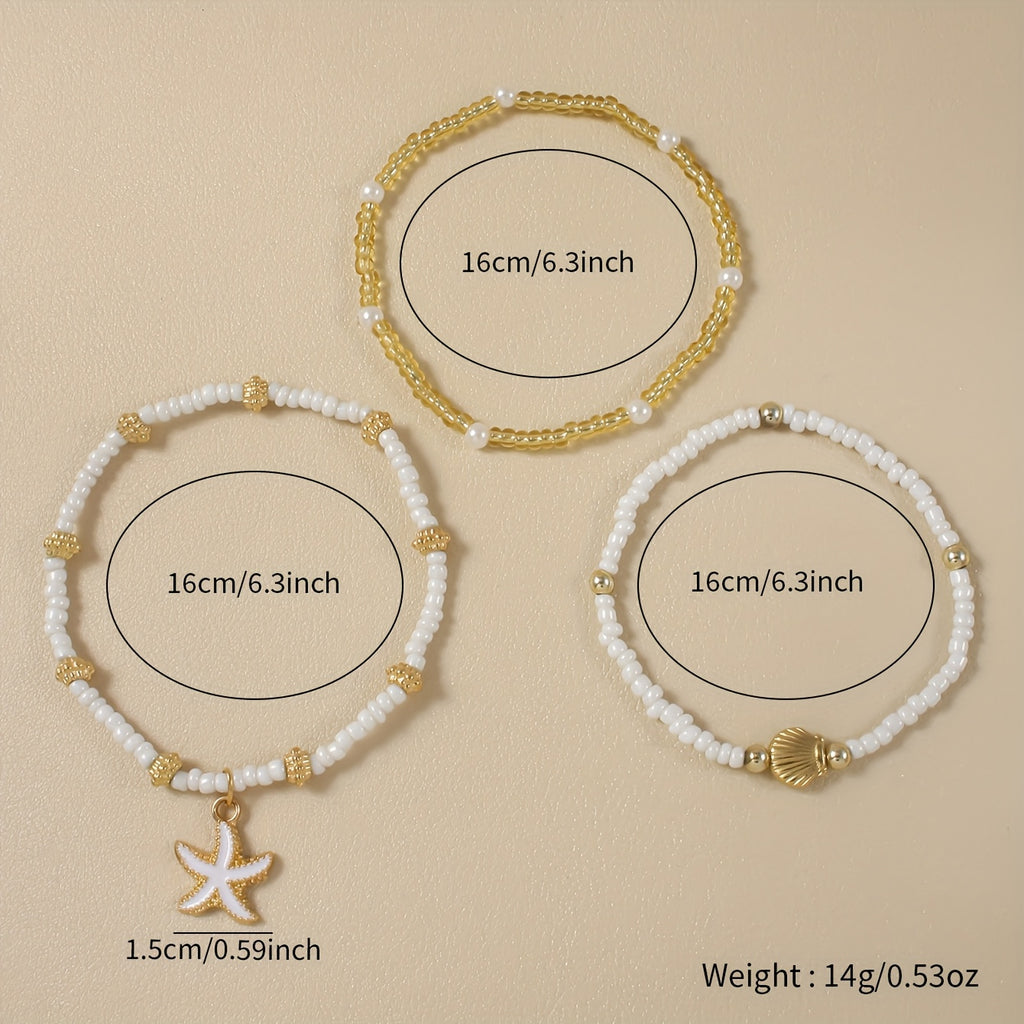 Beachy White Gold Beaded Anklet Set with Starfish