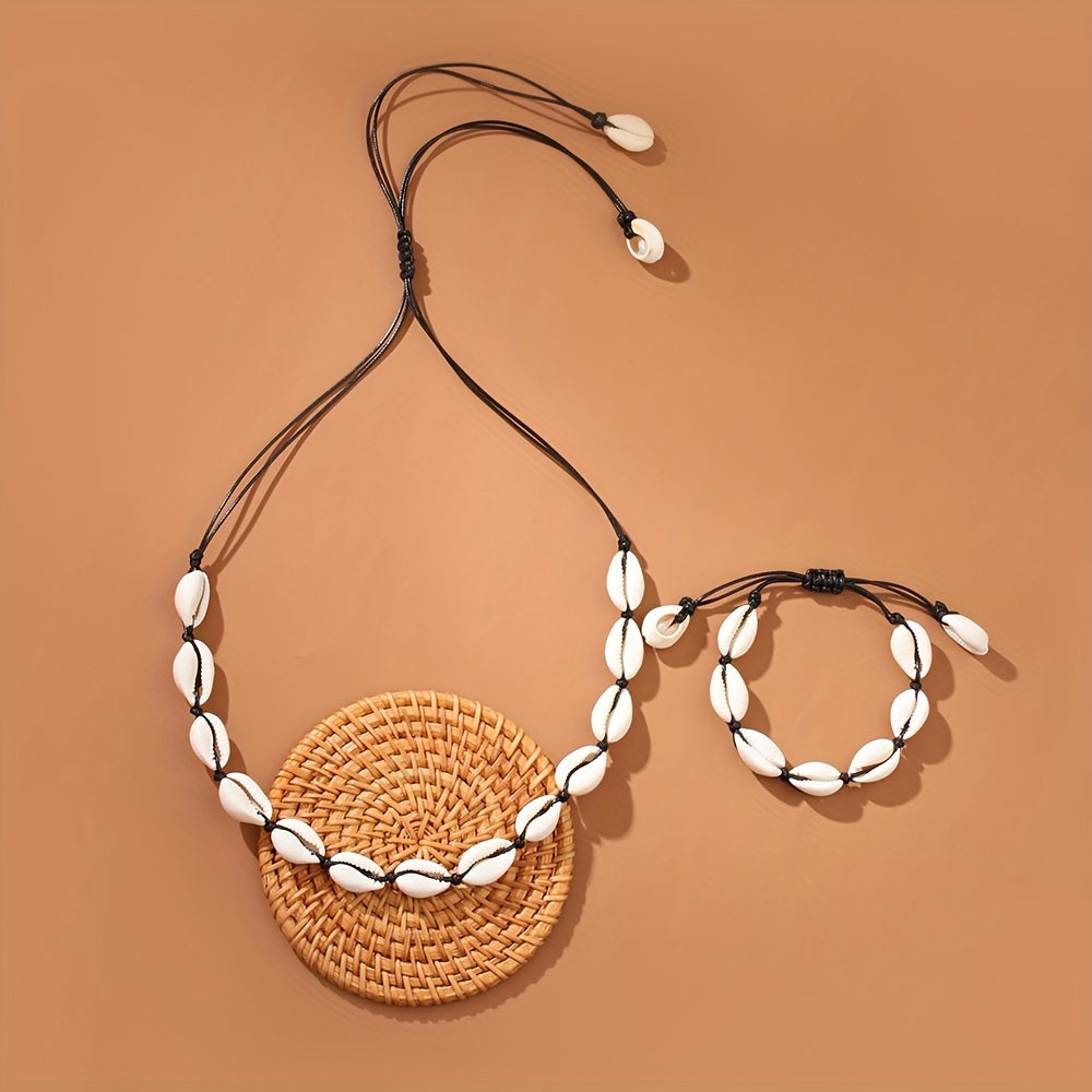 Black and White Adjustable Cowrie Shell Jewelry Set