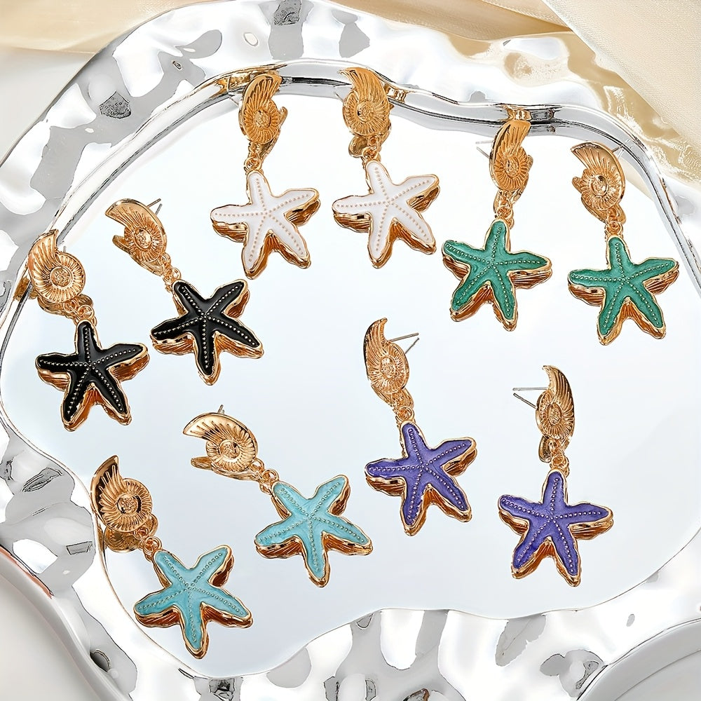 Gold-Tone Shell with Blue Starfish Drop Earrings
