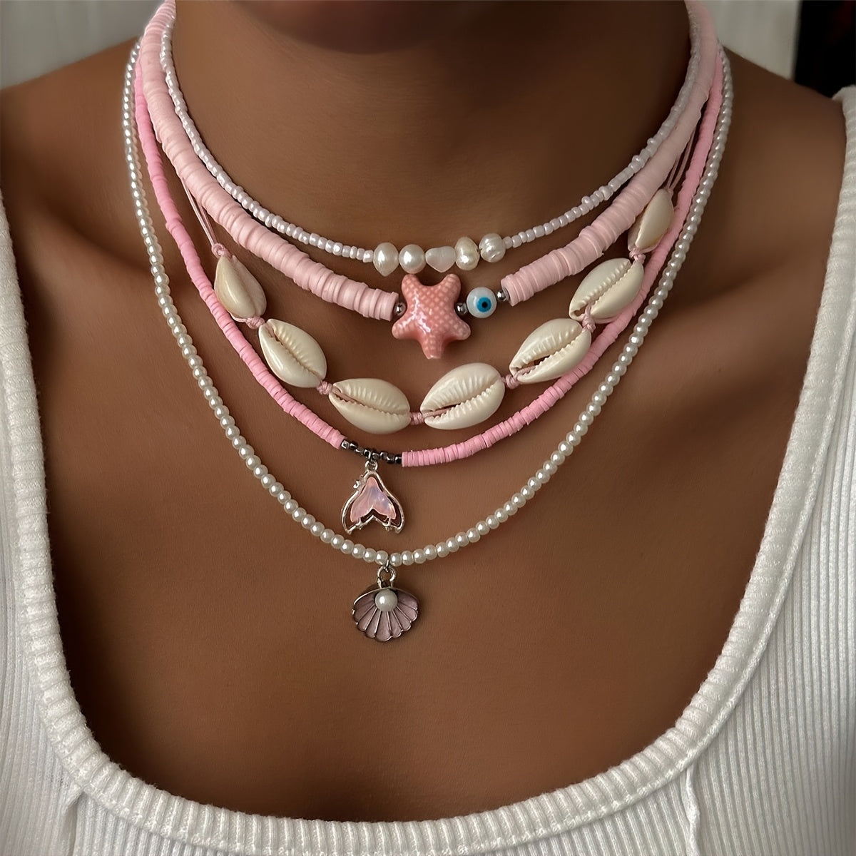 Bohemian Pink Layered Necklaces with Cowrie Shells & Starfish