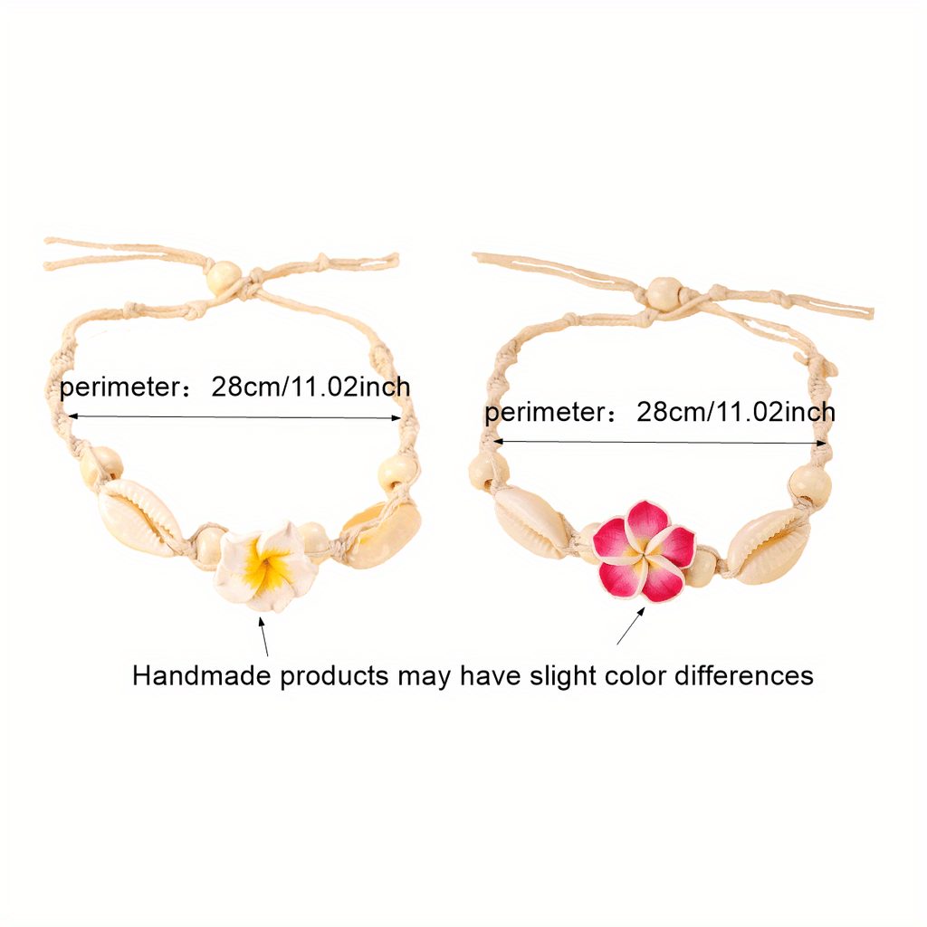 Boho Cowrie Shell and Plumeria Flower Anklet Set