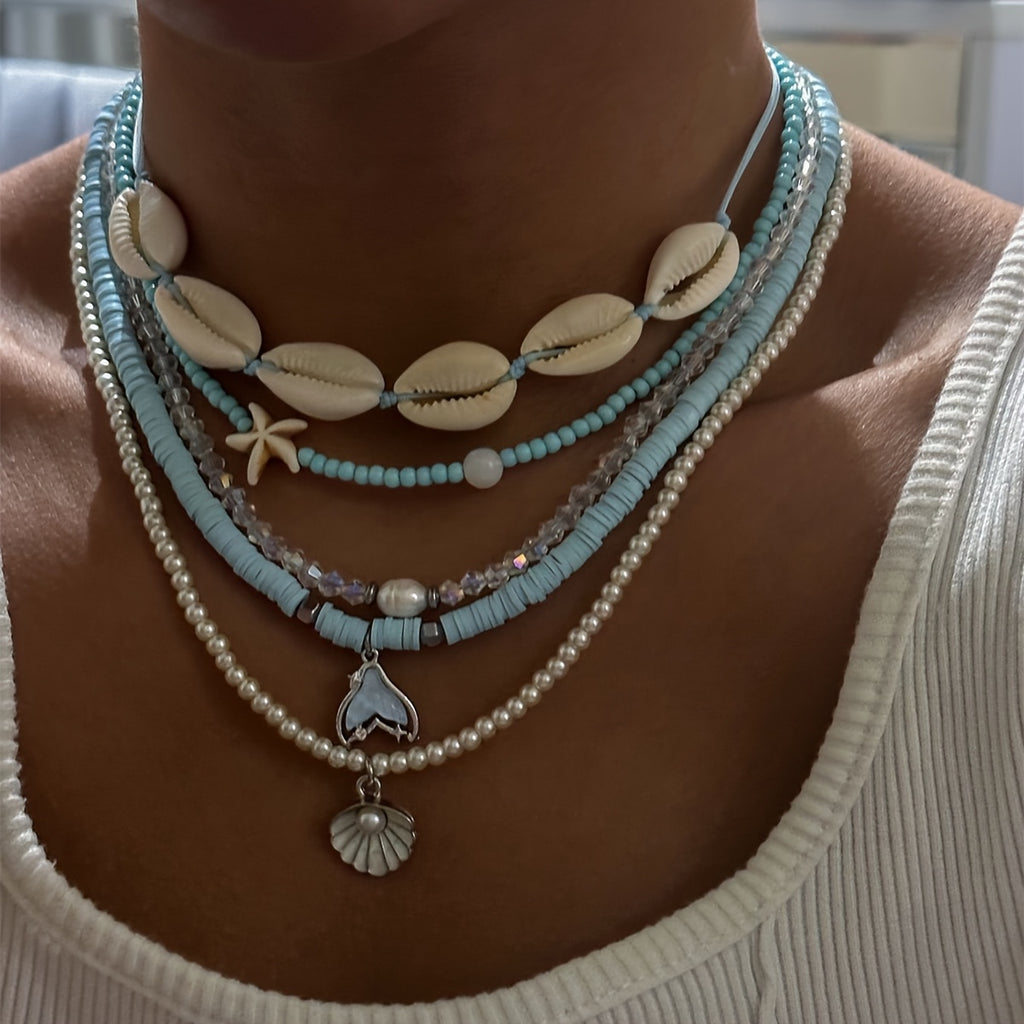 Beachy Layered Choker Set with Shells & Mermaid Tail