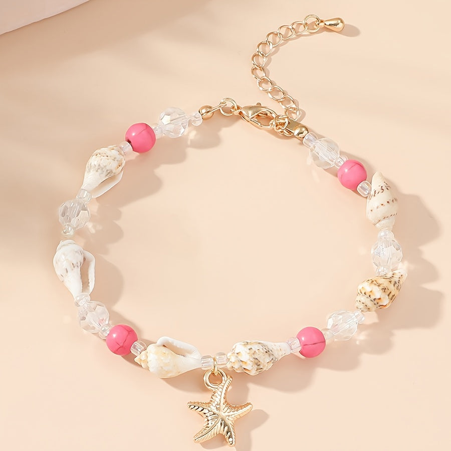 Coastal Shell & Turquoise Beaded Bracelet with Starfish Charm