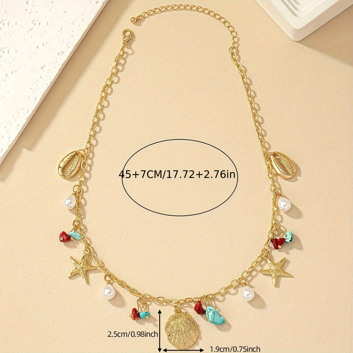 Gold-Tone Seashell Starfish Necklace with Colorful Beads