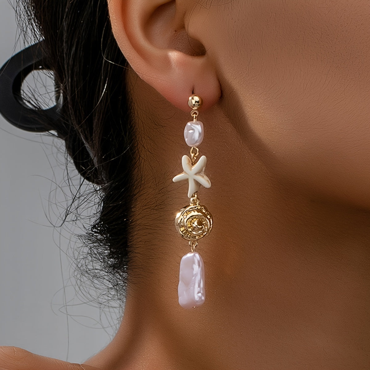 Bohemian Gold Starfish Drop Earrings with Pink Pearls