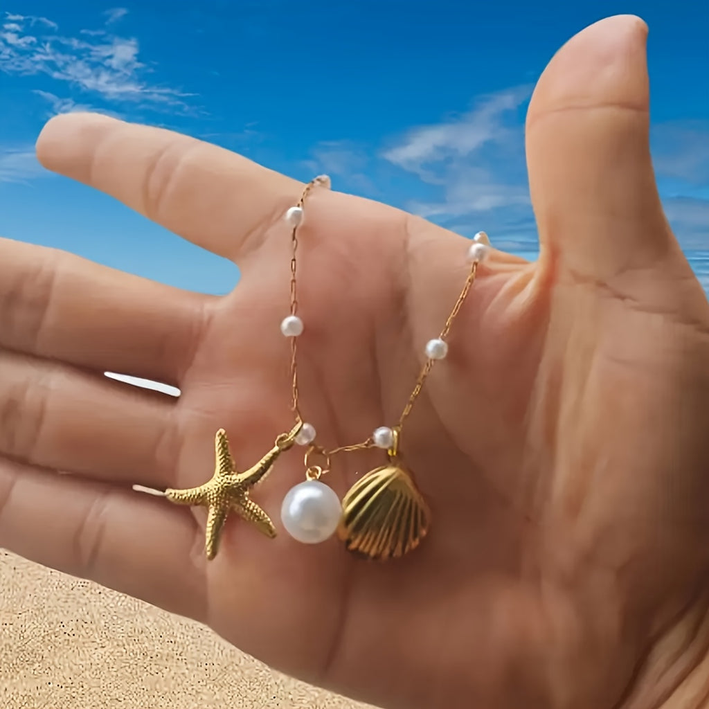 Bohemian Gold Charm Necklace with Starfish & Pearls