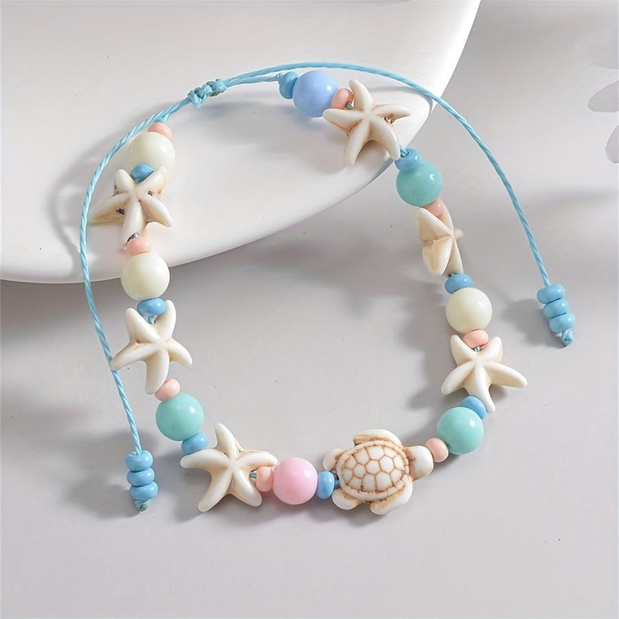 Beachy Starfish Turtle Anklet with Pastel Beads