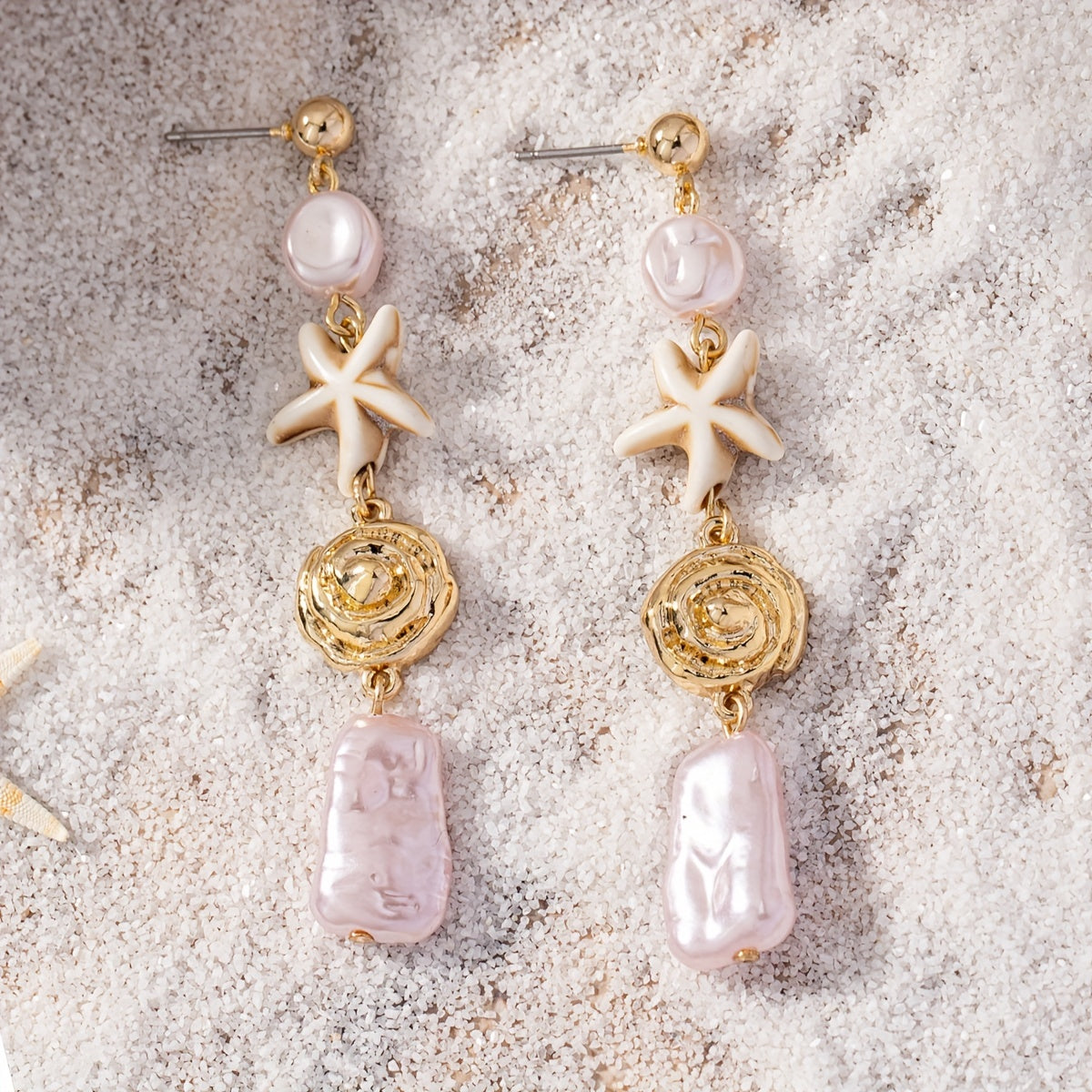 Bohemian Gold Starfish Drop Earrings with Pink Pearls