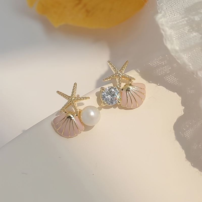 Asymmetric Starfish Shell Earrings with Pearl & CZ
