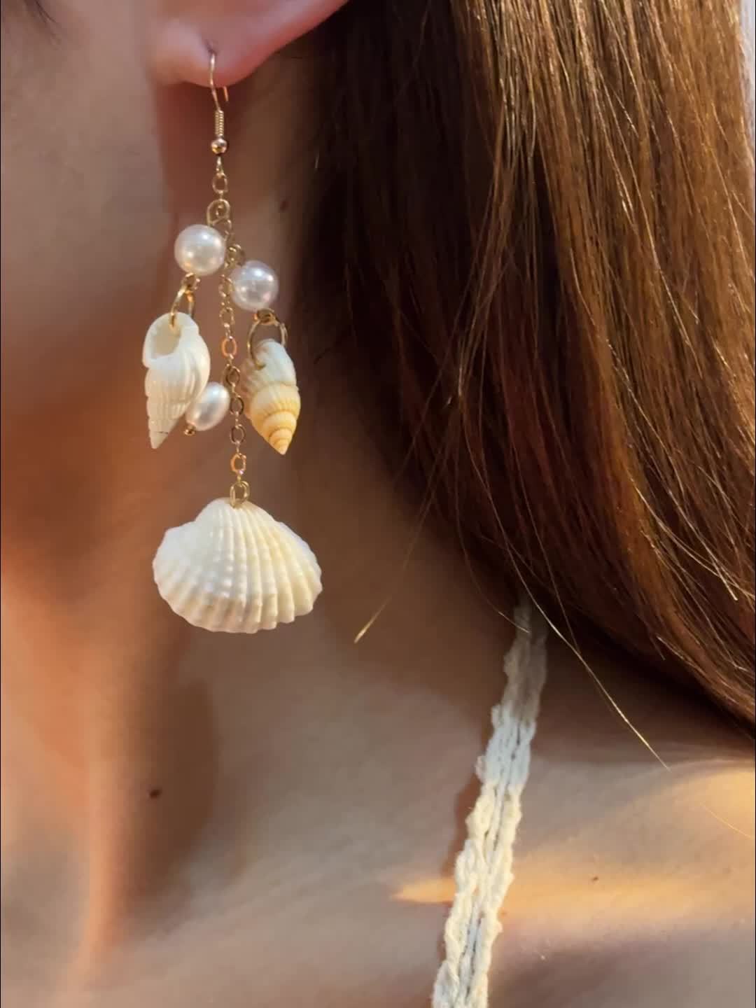 Bohemian Gold Seashell and Pearl Drop Earrings