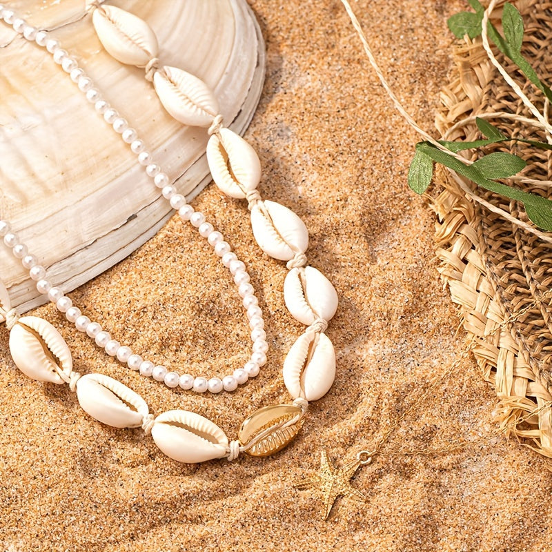 Layered Cowrie Shell and Pearl Necklace with Starfish