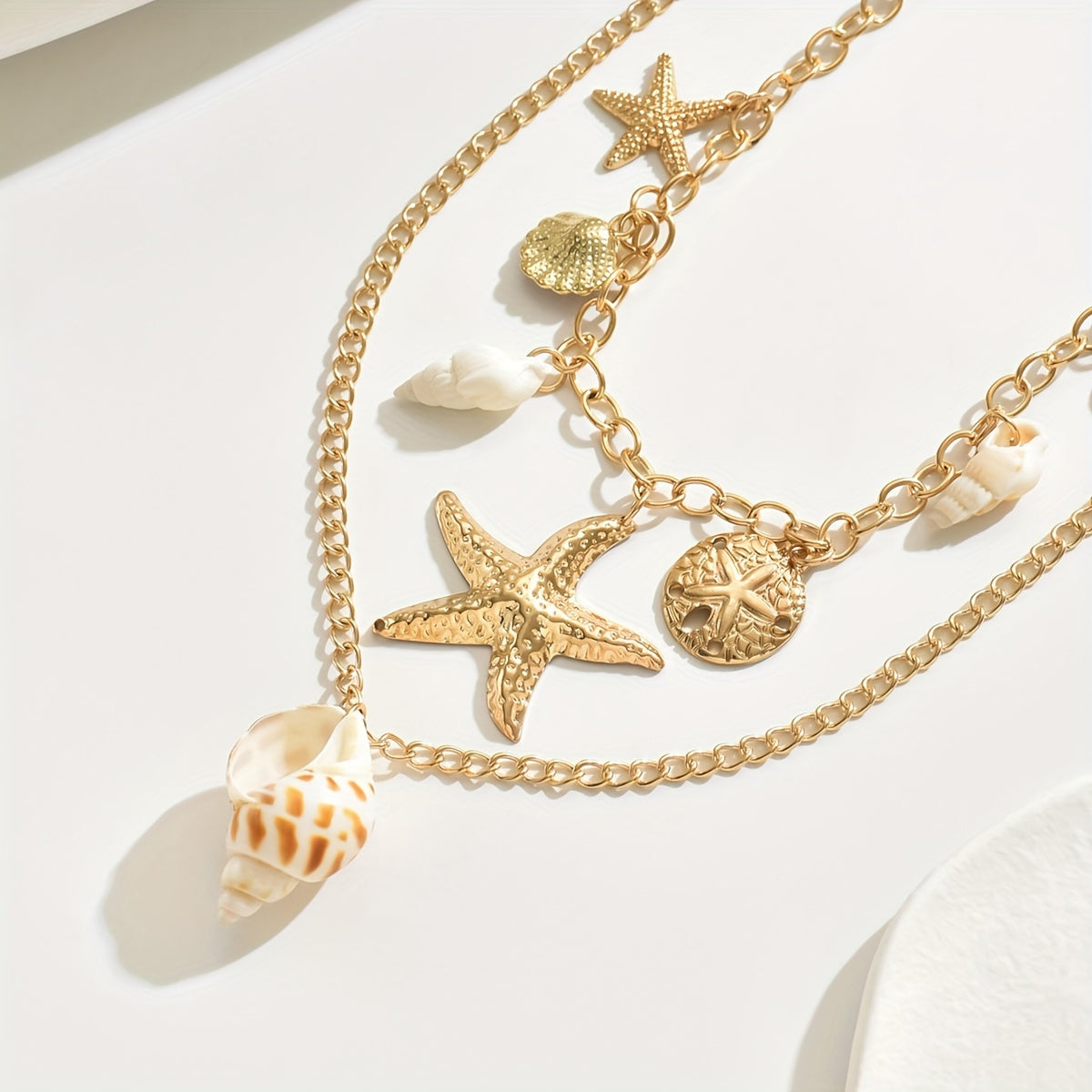 Bohemian Gold Layered Necklace with Seashells and Starfish