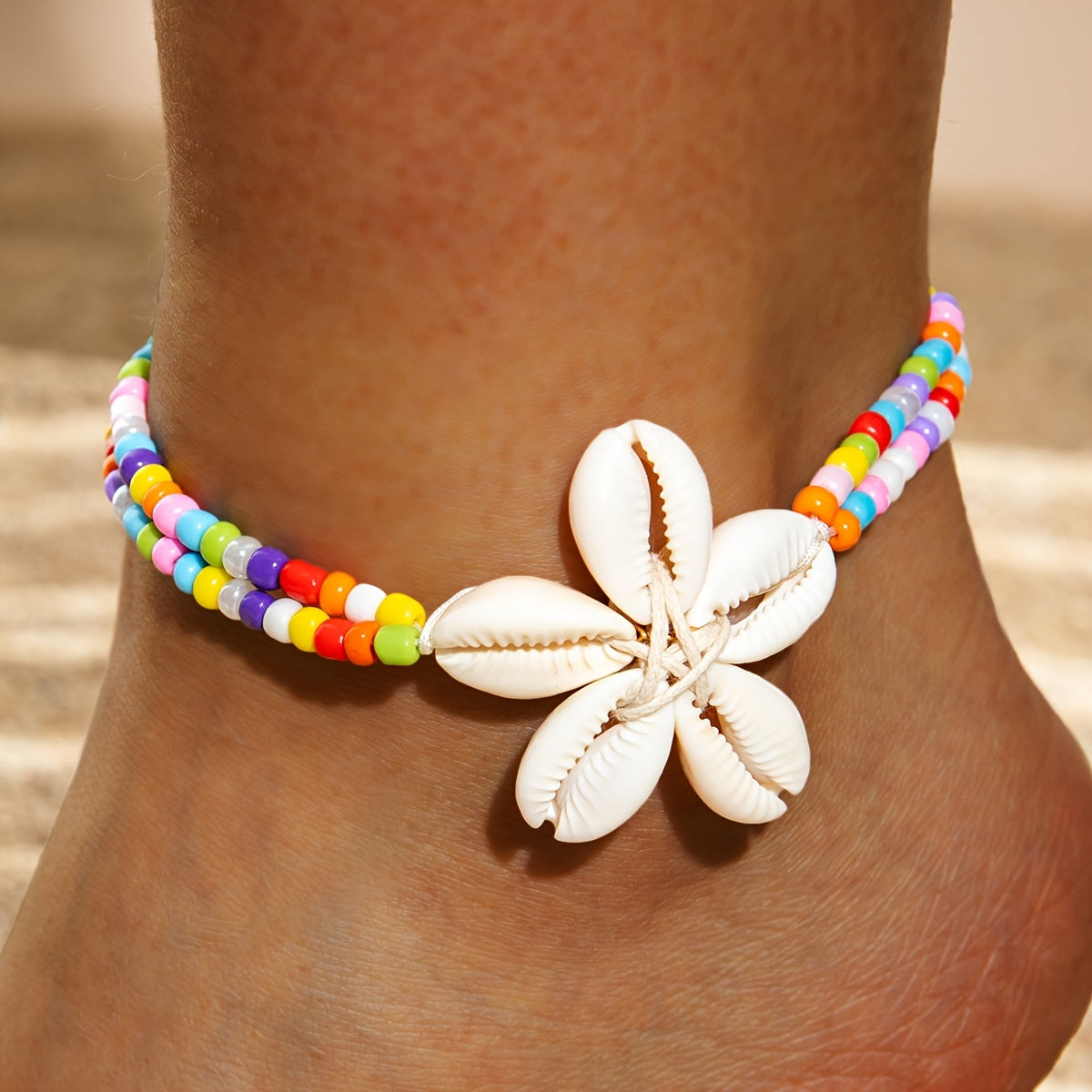Bohemian Black Bead Anklet with Cowrie Shell Flower