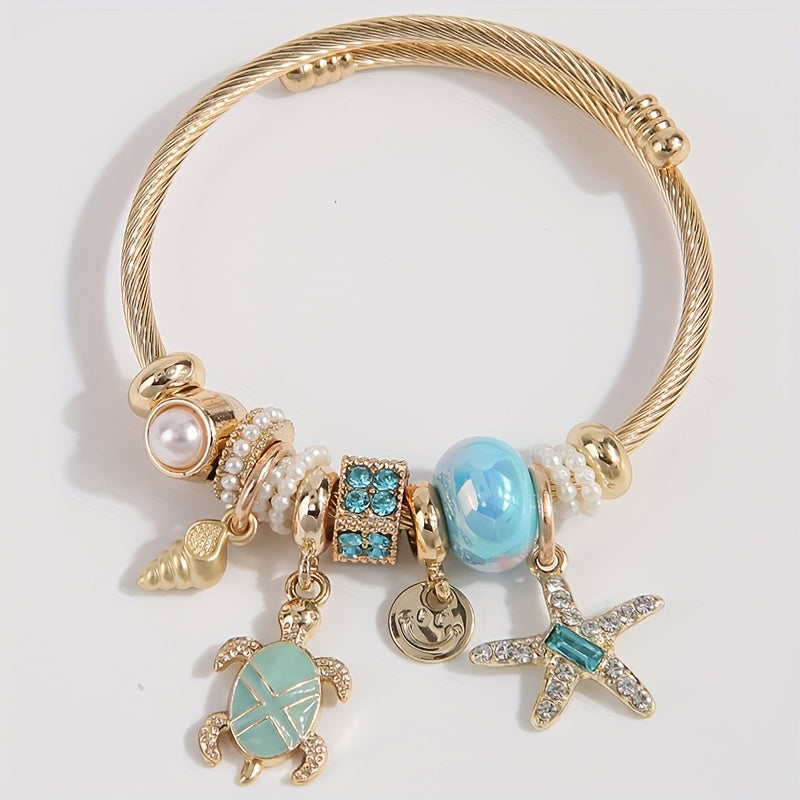Gold-Tone Sea Charm Bangle Bracelet with Pearls