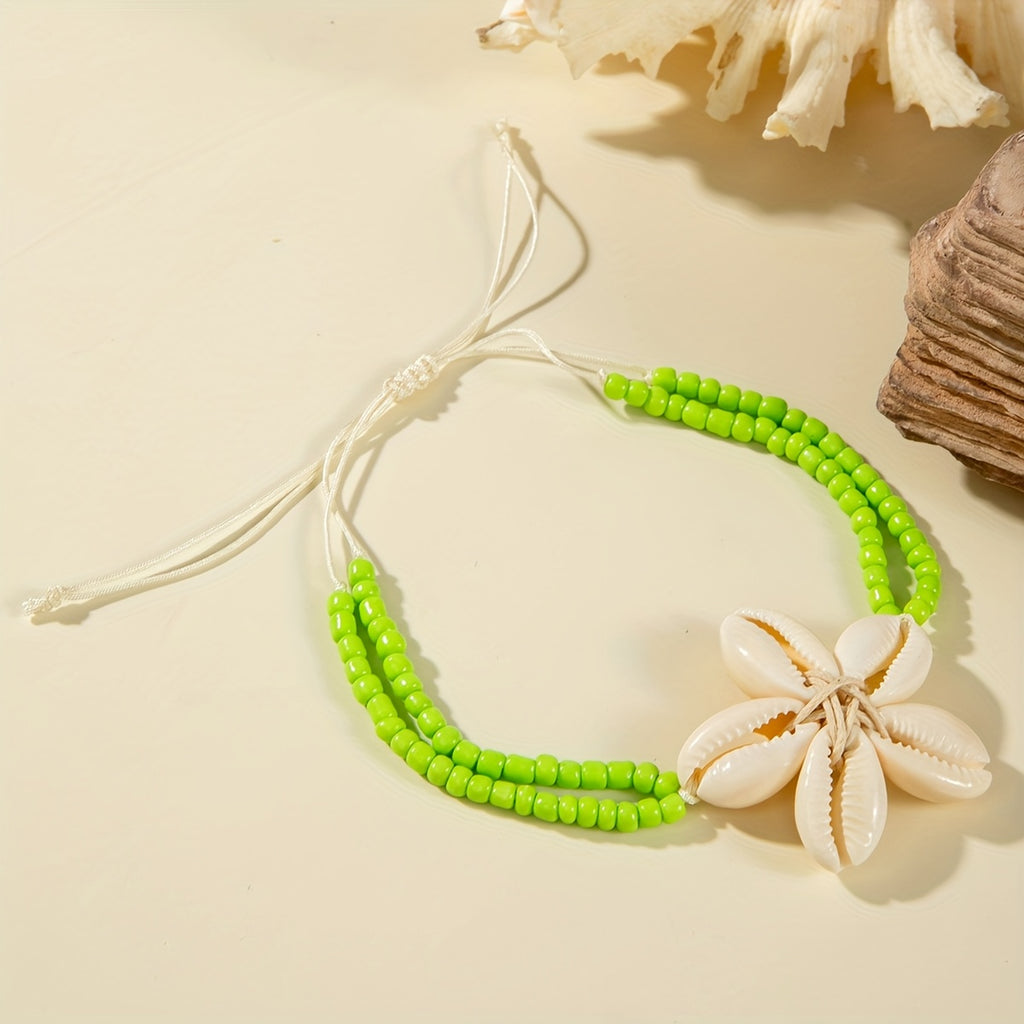 Bohemian Black Bead Anklet with Cowrie Shell Flower