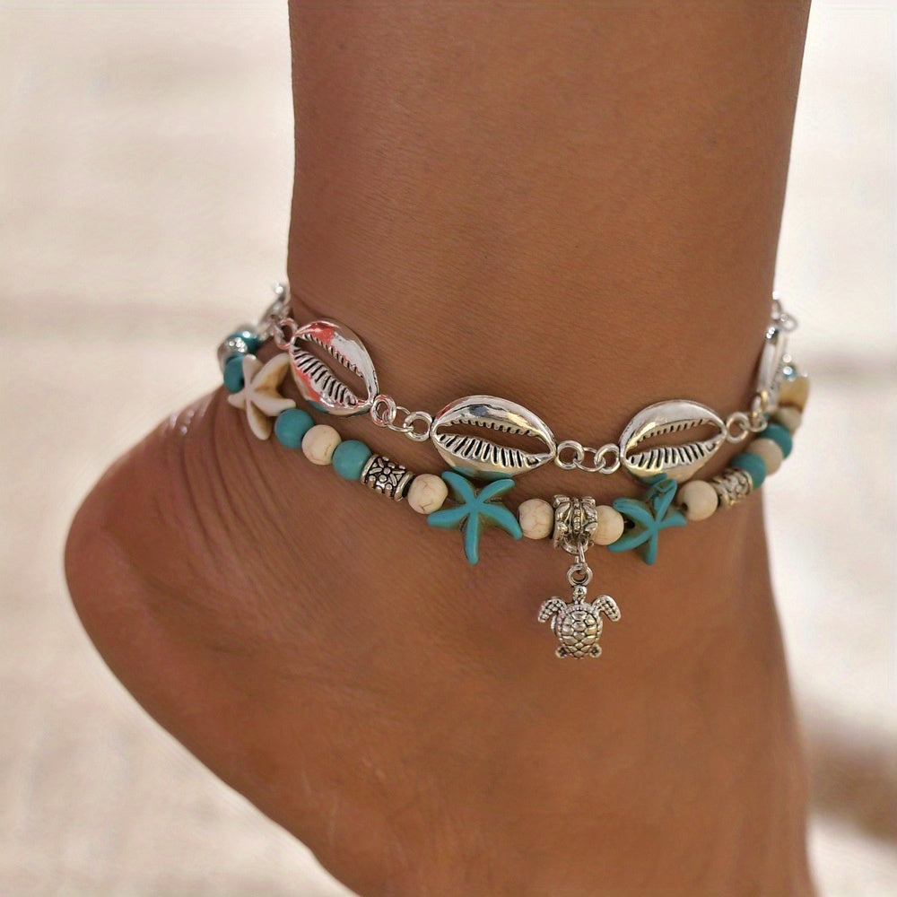 Bohemian Double Layered Anklet with Cowrie Shells & Turtle