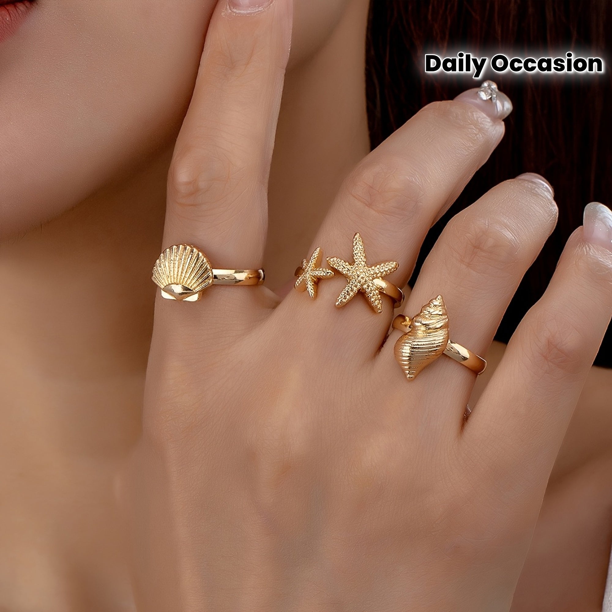 Gold Ocean-Themed Rings with Starfish and Shells