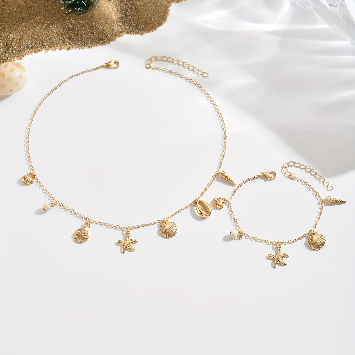Bohemian Gold-Tone Sea Shell Charm Necklace and Bracelet