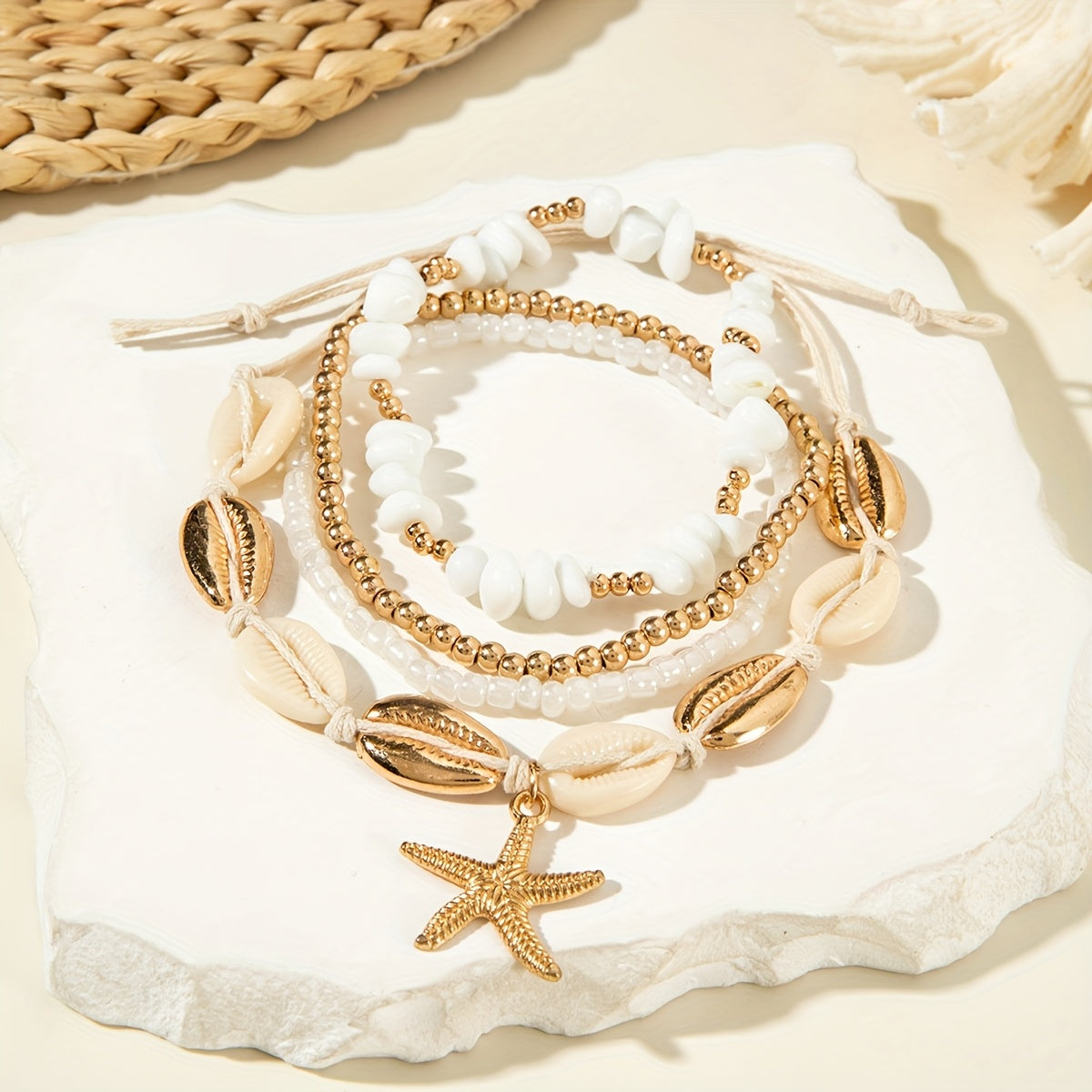 Bohemian Layered White Shell & Starfish Anklet