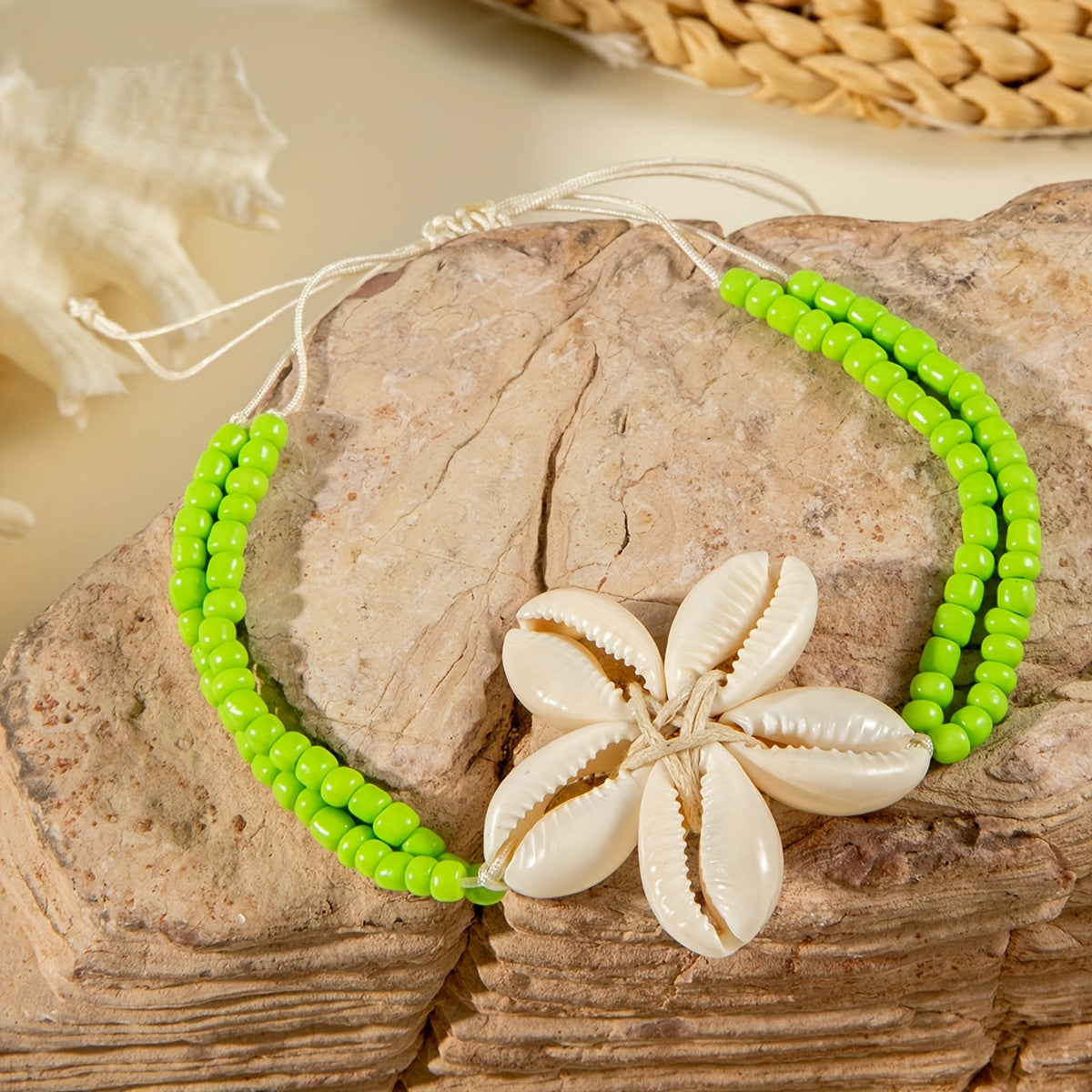 Bohemian Black Bead Anklet with Cowrie Shell Flower