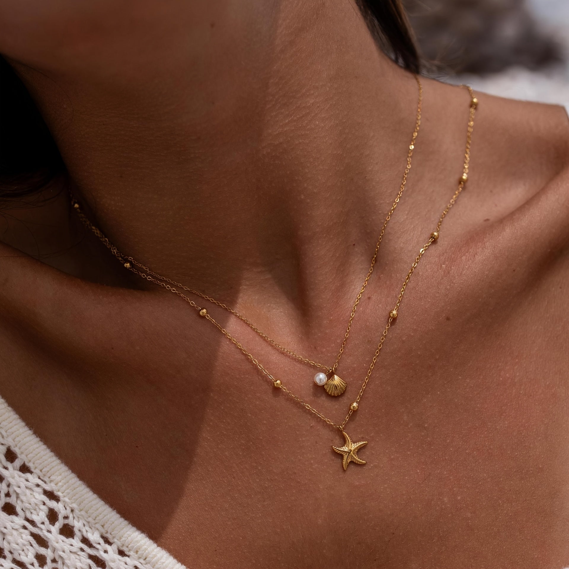 Layered Gold Necklace with Pearl, Seashell & Starfish