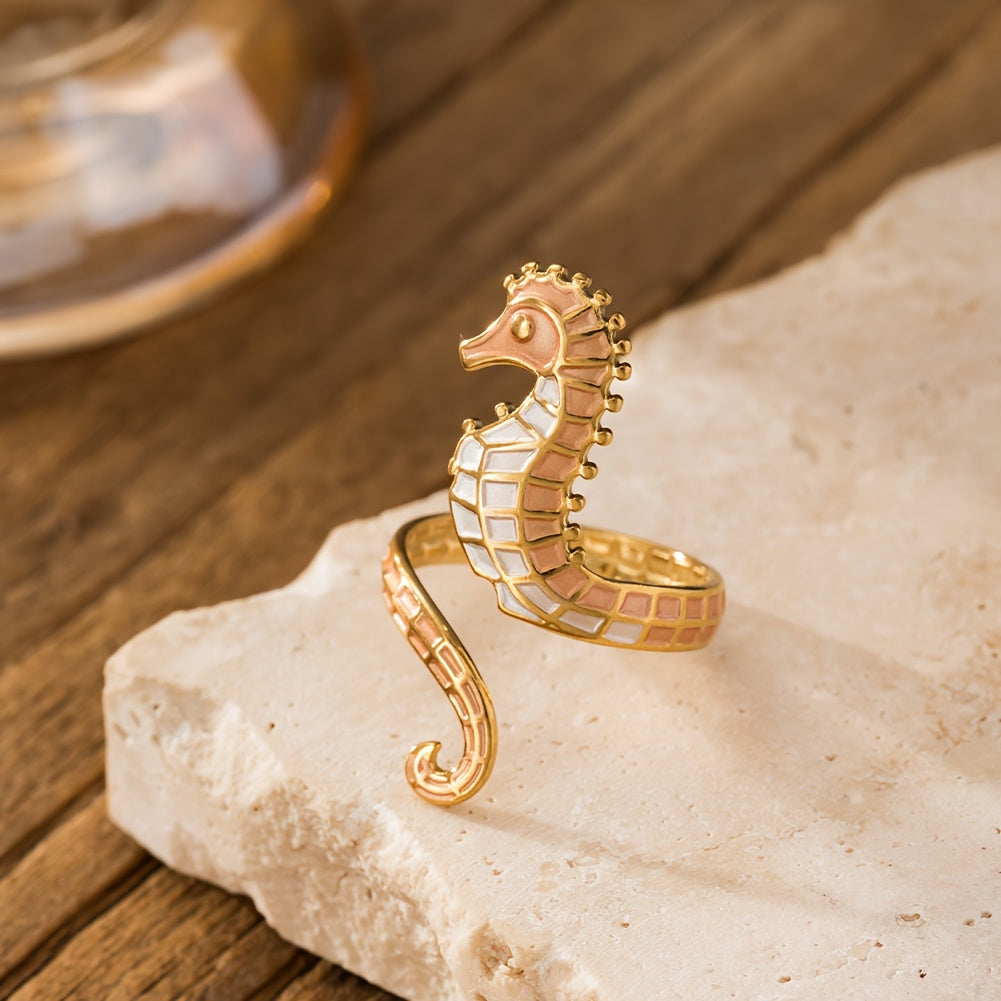 Gold-Tone Seahorse Wrap Ring with Blue Enamel