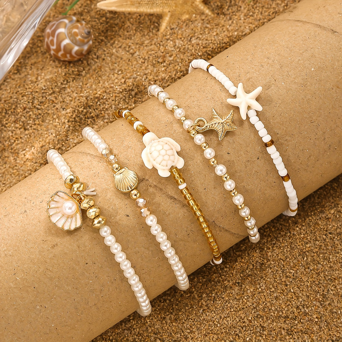Bohemian White & Gold Layered Sea Charm Bracelets