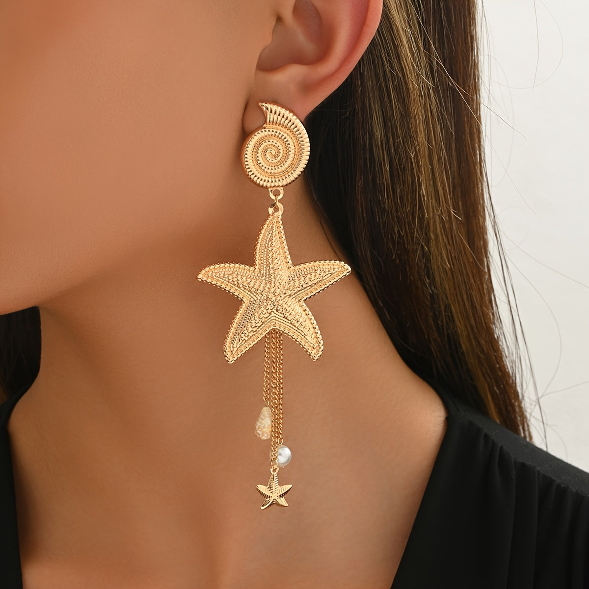 Gold Starfish Seashell Drop Earrings with Pearls