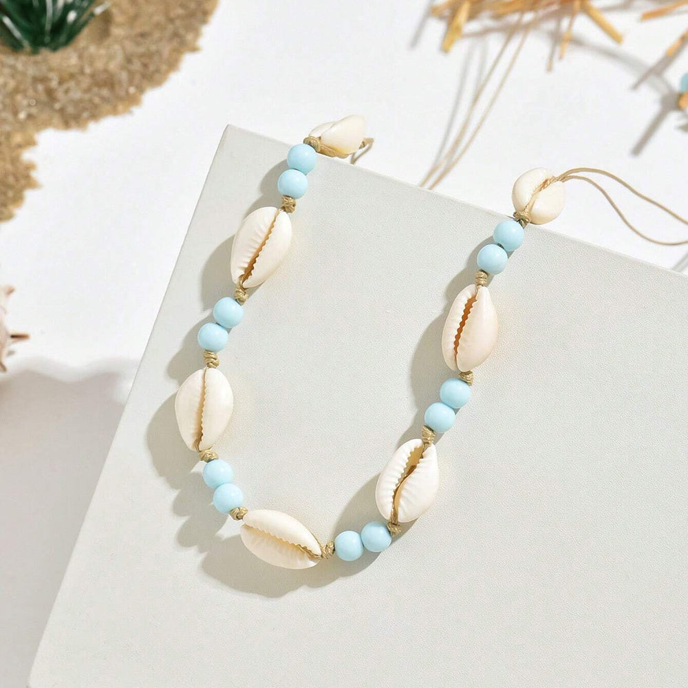 Beachy Cowrie Shell Choker with Blue Beads