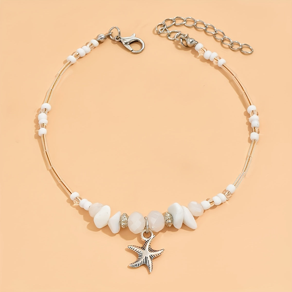 Boho White Shell Bead Anklet with Starfish Charm