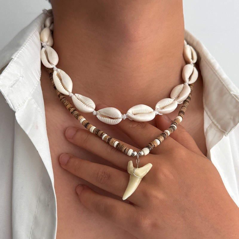 Bohemian Layered Necklace with Shells & Shark Tooth